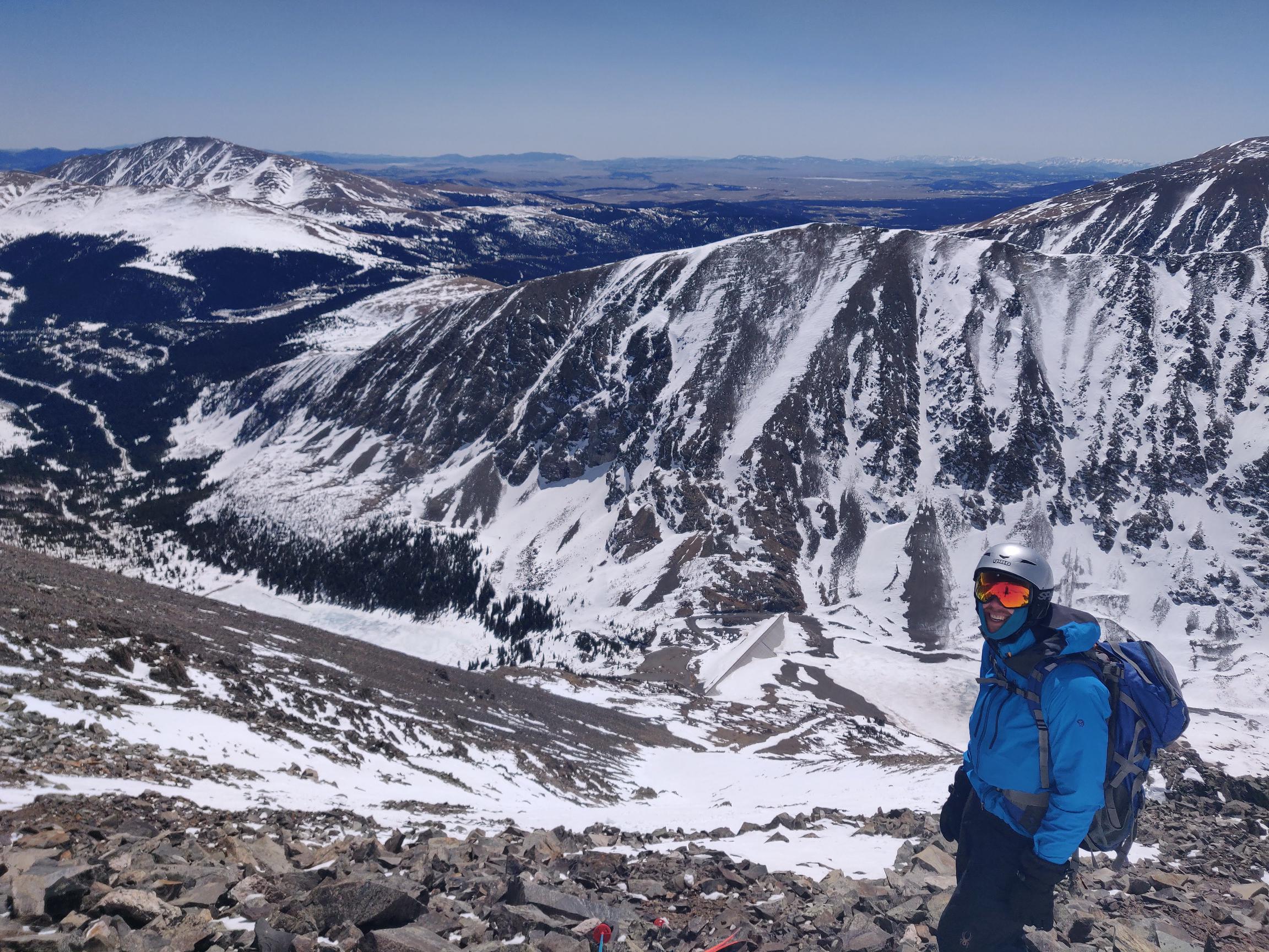 Looking down the couloir at the top of the rock field we had to scramble down