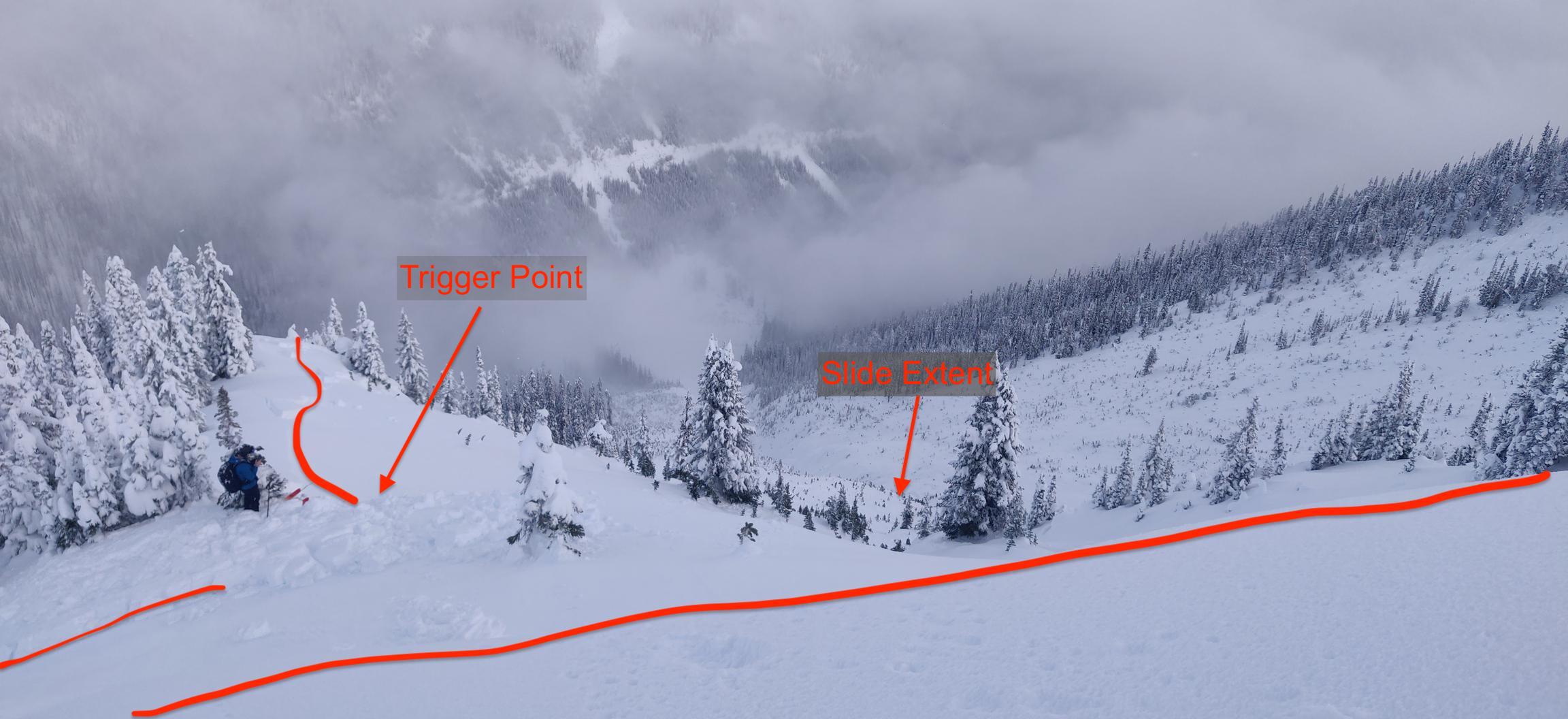 D1.5/D2, R3. Skier triggered as they descended the rollover onto the saddle. Skier was able to grab a tree although this may not have been necessary based on their position on the saddle. Note that the slide extent is probably 400-500 vertical feet down the slope.