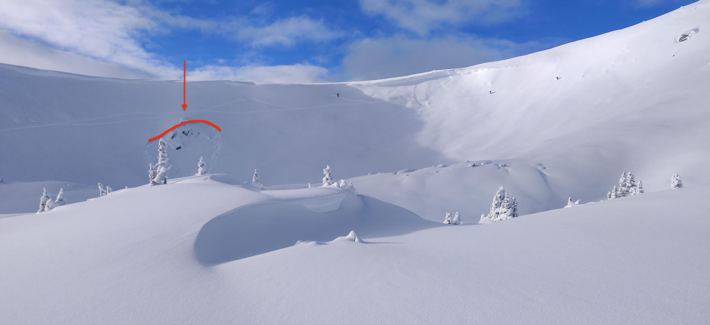 D1, R0.5. First skier triggered slide in the paradise ridge set. Note that trigger point is near rocky outcropping which was characteristic of this area where slides stepped down to deeper layers in the snowpack. This &lsquo;thin to fat&rsquo; transition commonly occurs near rocky outcroppings and was indicated in the forecasts.