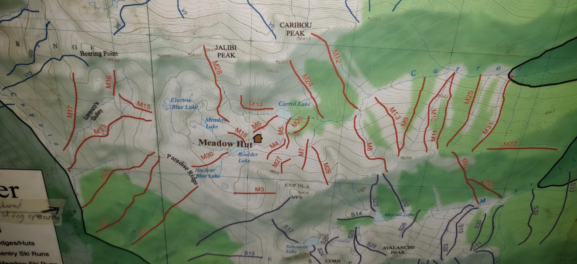 Map of Meadow Hut area; run labels (e.g. M1) correspond to table.